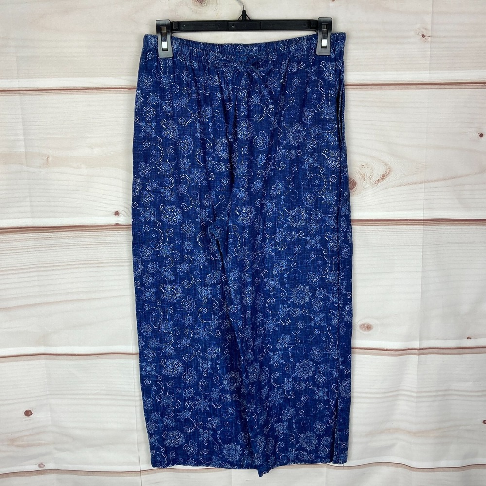 Play Alegre Pants Womens M L Blue Vintage Linen Hand Painted Capri Floral Artsy